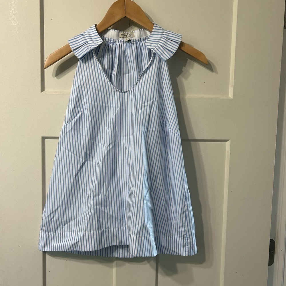 Cortland Park Blue & Striped Ruffle collar 💯 Cotton Tank top Gold Button accent